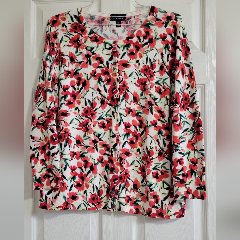 Lands' End Floral Red and White Women's Top